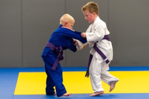 Two young boys grapple with each other practising a Judo move on a brightly coloured mat
