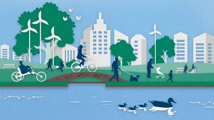 Front cover of Every Move, featuring illustrations of people being active in park, alongside wind farms and ducks on a river.