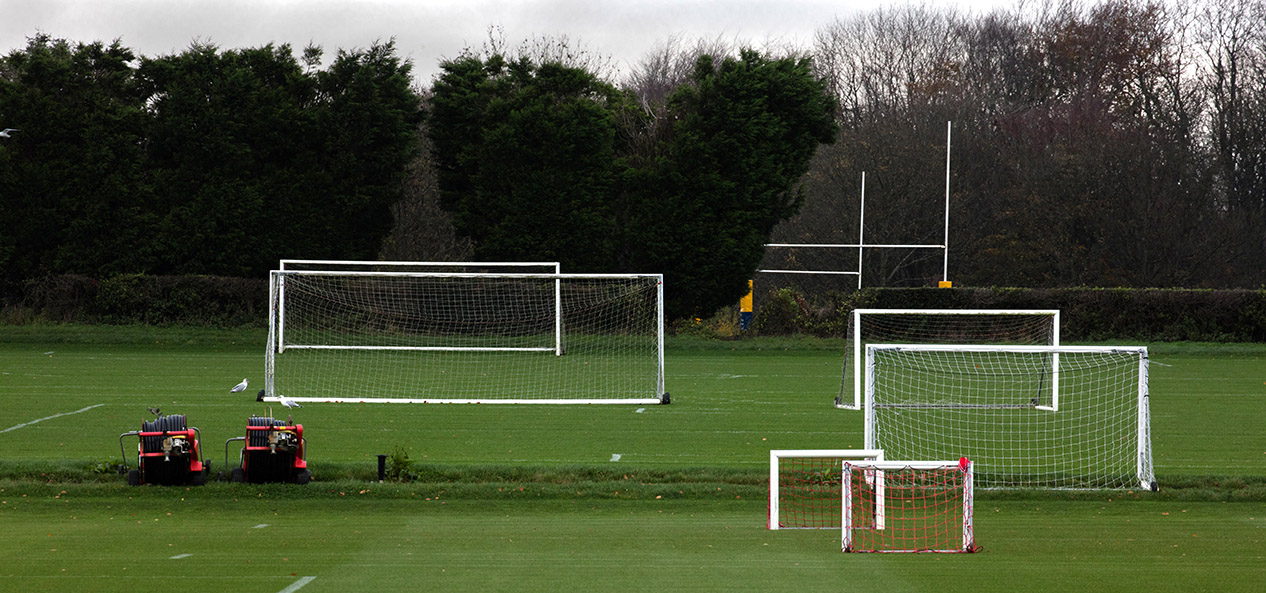 A general view of playing fields, with football pitches in the foreground and rugby pitches in the distance