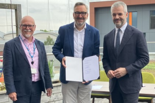 Sport England chief executive Tim Hollingsworth, South Yorkshire mayor Oliver Coppard, and South Yorkshire Integrated Care Board CEO Gavin Boyle stand with a signed memorandum of understanding.