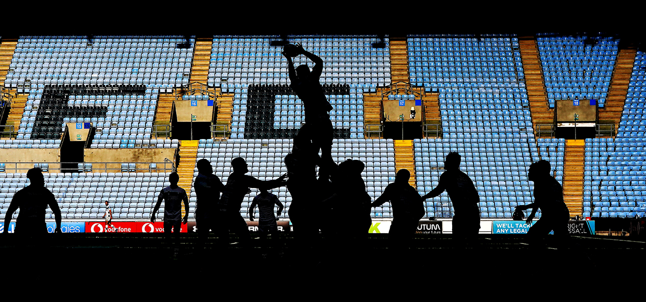 Empty stands at a Premiership Rugby game