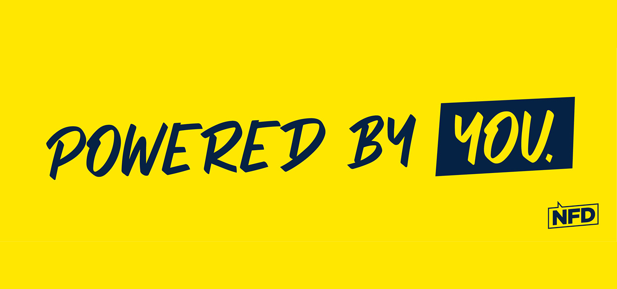 The words Powered by you, on a yellow background, with NFD, standing for National Fitness Day, in a speech bubble to the bottom right of the main text