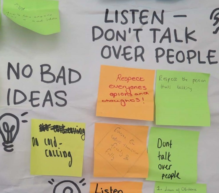 Front cover of the Youth Voice Innovation Storybook, featuring Post It notes of ideas such as 'everyone should feel involved'.